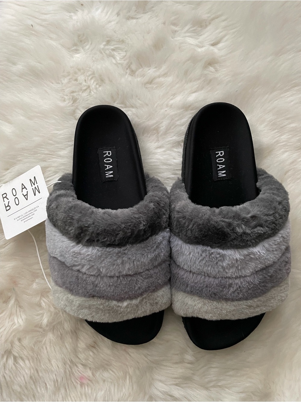 New! ROAM Gray Layered Faux Fur Slide Slippers